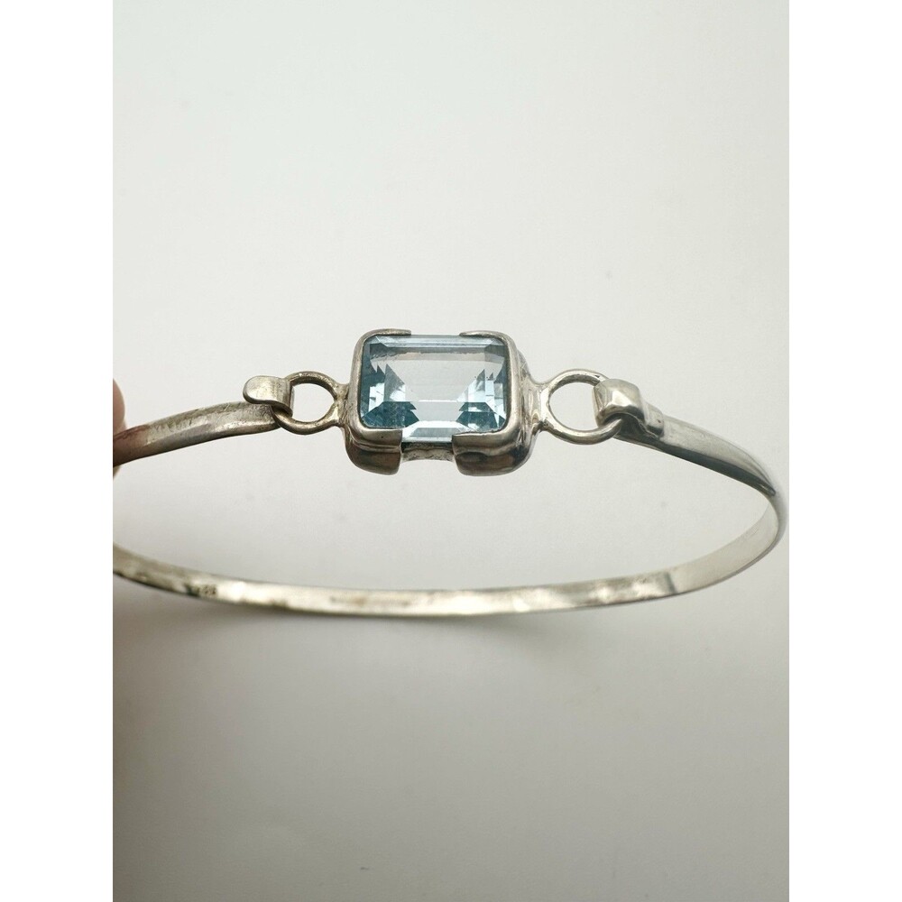 925 Sterling Silver Emerald Cut Genuine Blue Topaz Bangle Bracelet 7.5”